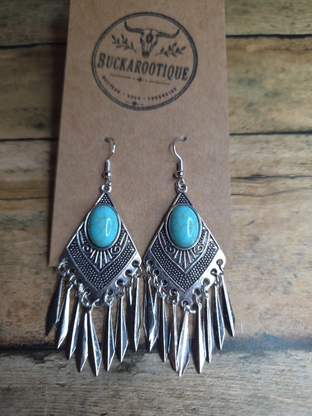 Western Turquoise Fringe Statement Earrings Boho Rodeo Cowgirl Dangles